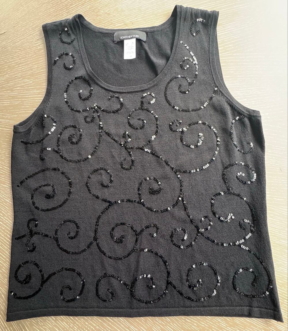 Vintage Jones New York Black Sequin Swirl Knit Tank Top Size XL